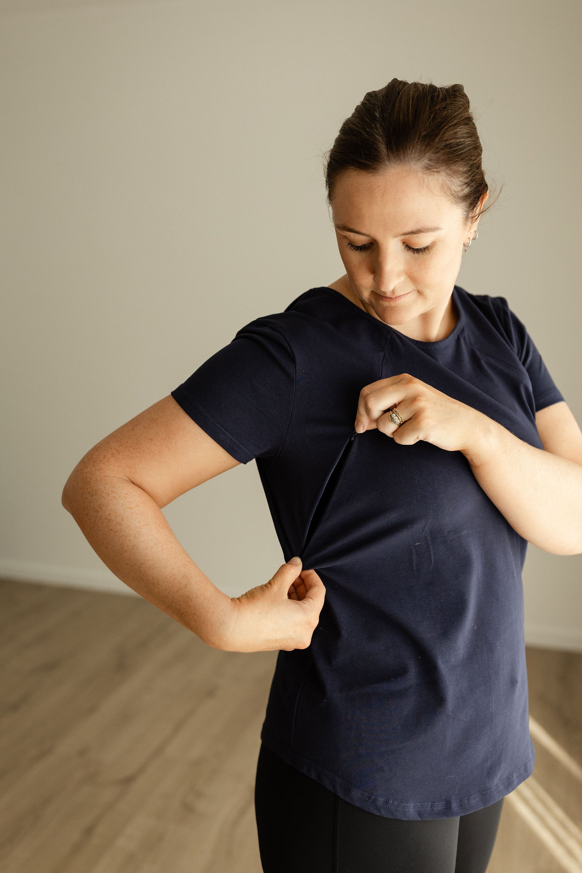 Navy Side Zip Breastfeeding Tshirt.